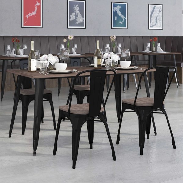 Flash Furniture Rectangle Black Metal Table Set with Wood Top and, 30.25" W X 60" L X 30.5" H, Wood, Wood Grain CH-WD-TBCH-27-GG